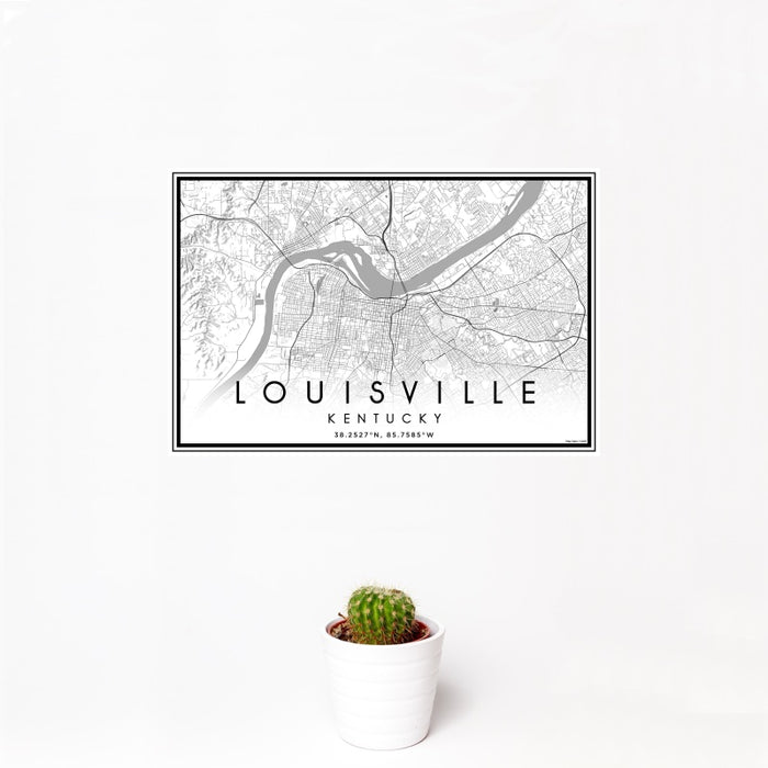 12x18 Louisville Kentucky Map Print Landscape Orientation in Classic Style With Small Cactus Plant in White Planter