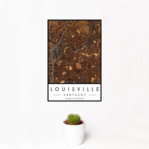 12x18 Louisville Kentucky Map Print Portrait Orientation in Ember Style With Small Cactus Plant in White Planter