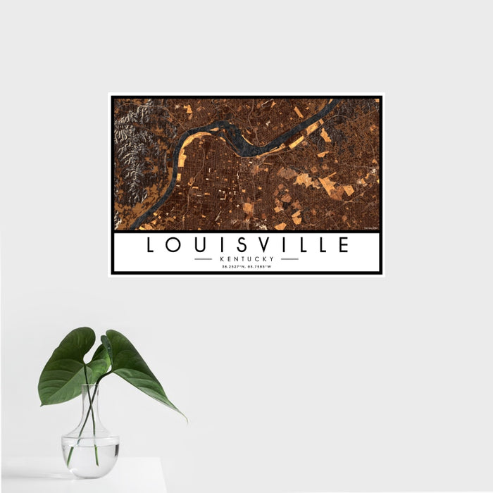 16x24 Louisville Kentucky Map Print Landscape Orientation in Ember Style With Tropical Plant Leaves in Water