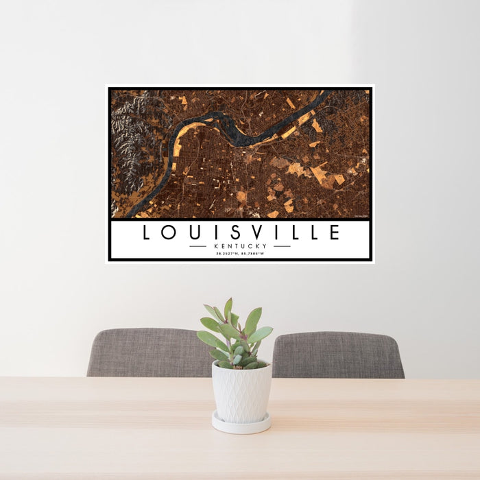 24x36 Louisville Kentucky Map Print Landscape Orientation in Ember Style Behind 2 Chairs Table and Potted Plant