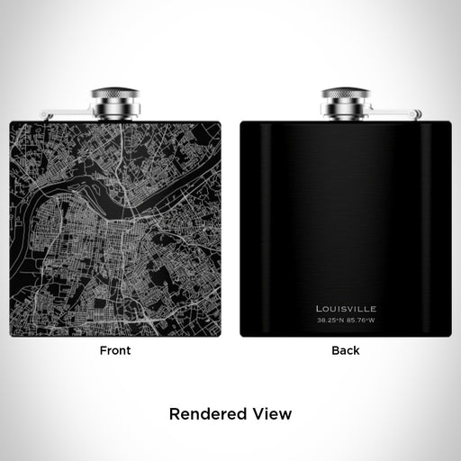 Rendered View of Louisville Kentucky Map Engraving on 6oz Stainless Steel Flask in Black