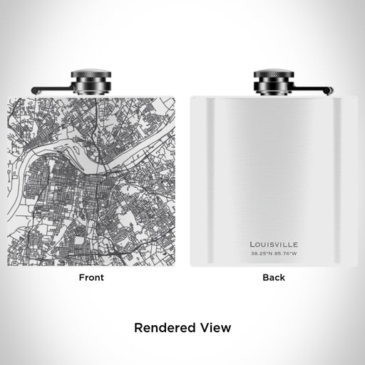 Rendered View of Louisville Kentucky Map Engraving on 6oz Stainless Steel Flask in White