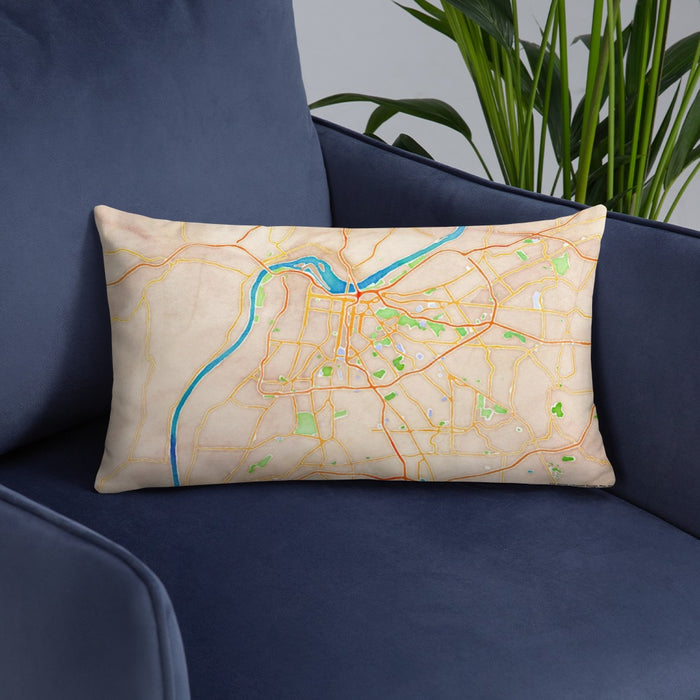 Custom Louisville Kentucky Map Throw Pillow in Watercolor on Blue Colored Chair