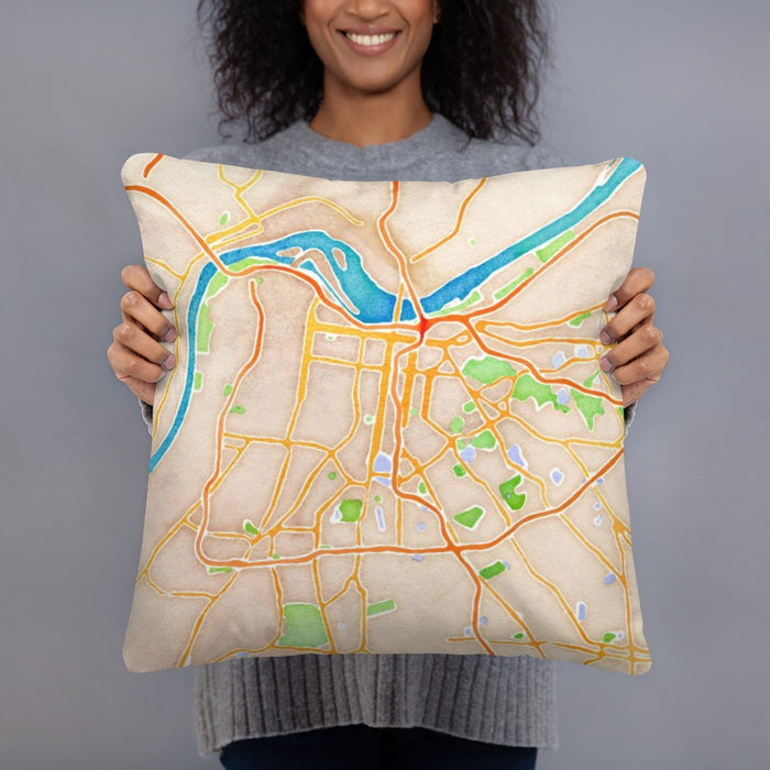 Person holding 18x18 Custom Louisville Kentucky Map Throw Pillow in Watercolor