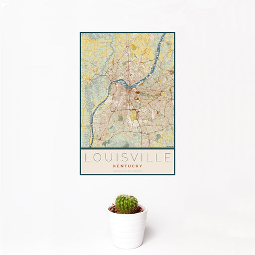 12x18 Louisville Kentucky Map Print Portrait Orientation in Woodblock Style With Small Cactus Plant in White Planter