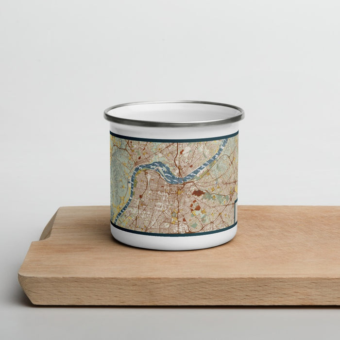 Front View Custom Louisville Kentucky Map Enamel Mug in Woodblock on Cutting Board