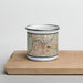 Front View Custom Louisville Kentucky Map Enamel Mug in Woodblock on Cutting Board