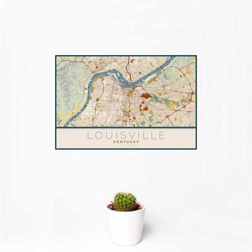 12x18 Louisville Kentucky Map Print Landscape Orientation in Woodblock Style With Small Cactus Plant in White Planter