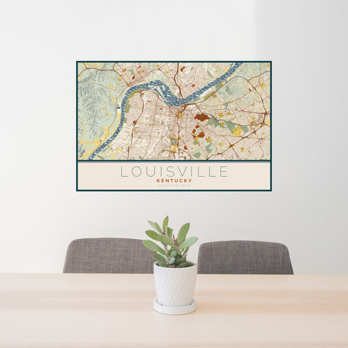 24x36 Louisville Kentucky Map Print Landscape Orientation in Woodblock Style Behind 2 Chairs Table and Potted Plant