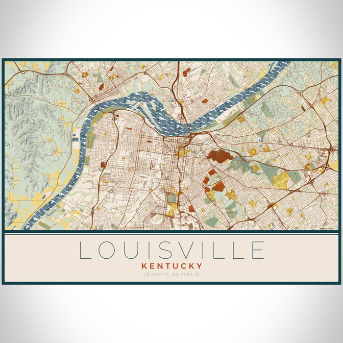 Louisville Kentucky Map Print Landscape Orientation in Woodblock Style With Shaded Background