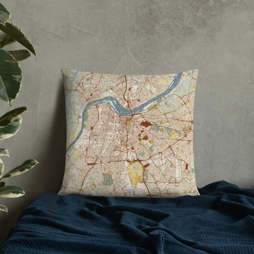Custom Louisville Kentucky Map Throw Pillow in Woodblock on Bedding Against Wall