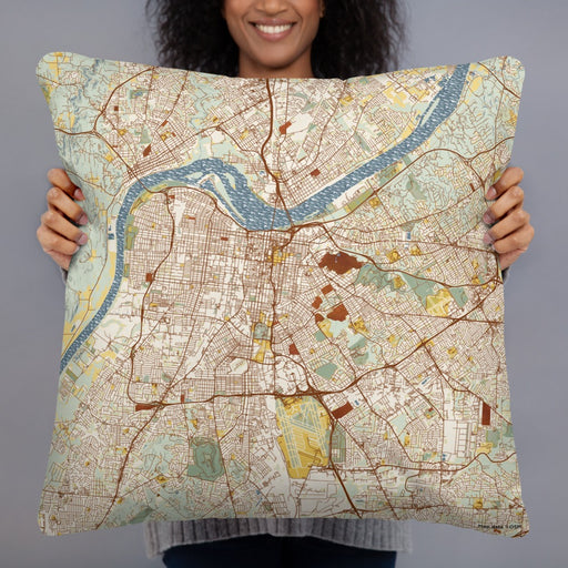 Person holding 22x22 Custom Louisville Kentucky Map Throw Pillow in Woodblock