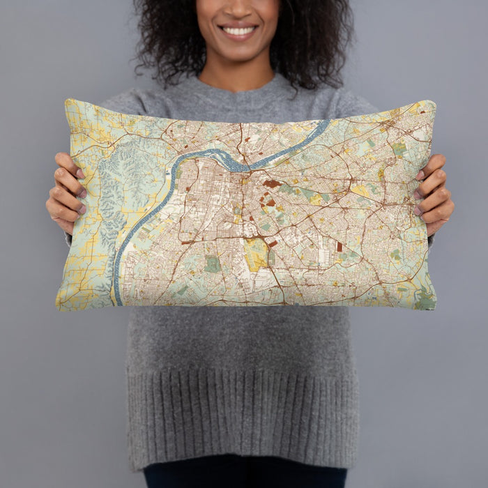 Person holding 20x12 Custom Louisville Kentucky Map Throw Pillow in Woodblock