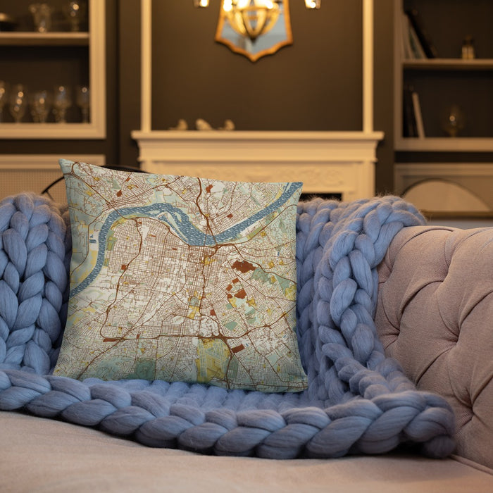 Custom Louisville Kentucky Map Throw Pillow in Woodblock on Cream Colored Couch