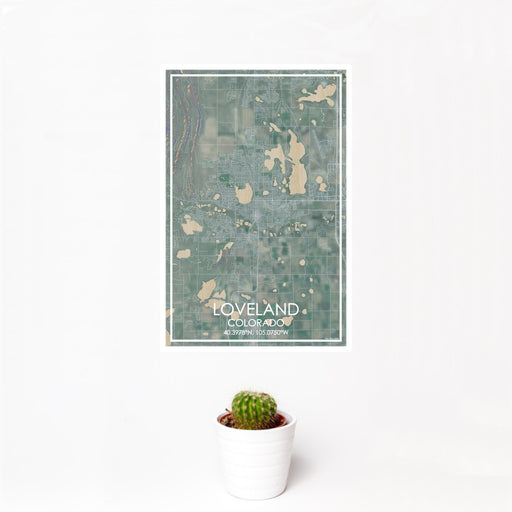 12x18 Loveland Colorado Map Print Portrait Orientation in Afternoon Style With Small Cactus Plant in White Planter
