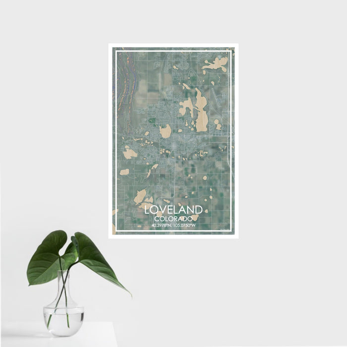 16x24 Loveland Colorado Map Print Portrait Orientation in Afternoon Style With Tropical Plant Leaves in Water