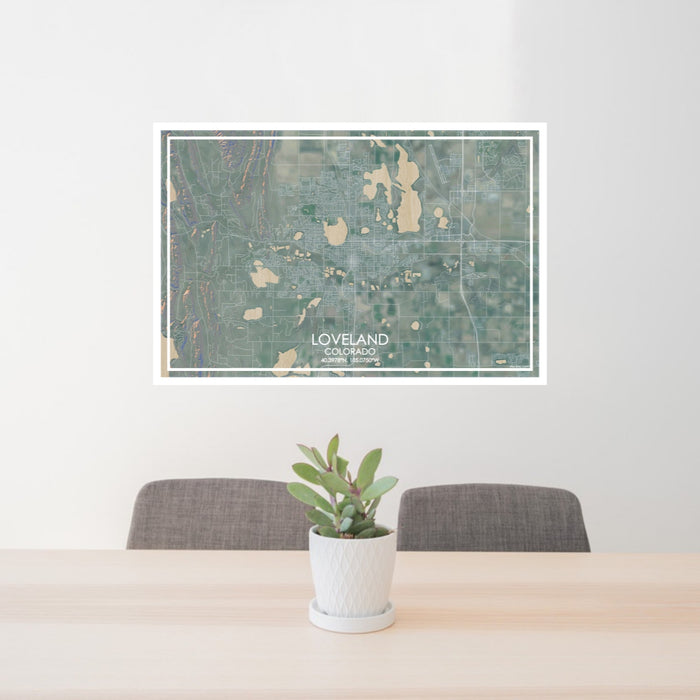 24x36 Loveland Colorado Map Print Lanscape Orientation in Afternoon Style Behind 2 Chairs Table and Potted Plant