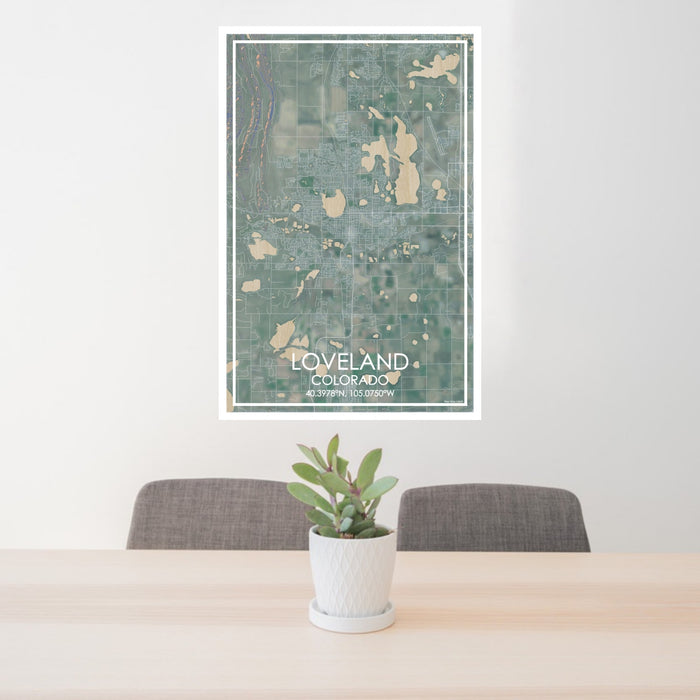 24x36 Loveland Colorado Map Print Portrait Orientation in Afternoon Style Behind 2 Chairs Table and Potted Plant