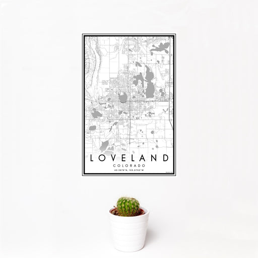 12x18 Loveland Colorado Map Print Portrait Orientation in Classic Style With Small Cactus Plant in White Planter