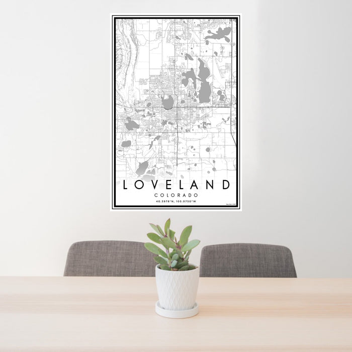 24x36 Loveland Colorado Map Print Portrait Orientation in Classic Style Behind 2 Chairs Table and Potted Plant