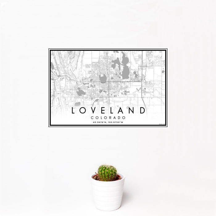 12x18 Loveland Colorado Map Print Landscape Orientation in Classic Style With Small Cactus Plant in White Planter