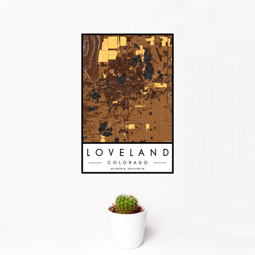 12x18 Loveland Colorado Map Print Portrait Orientation in Ember Style With Small Cactus Plant in White Planter