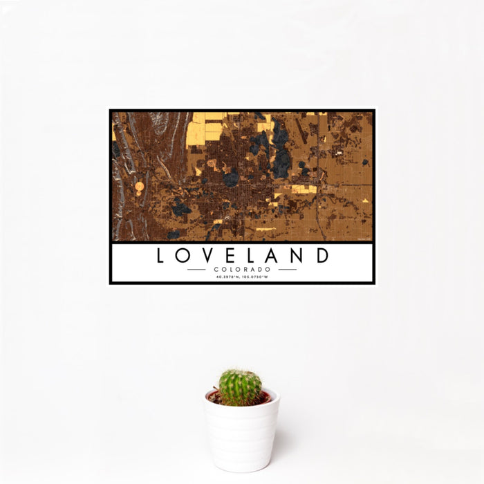 12x18 Loveland Colorado Map Print Landscape Orientation in Ember Style With Small Cactus Plant in White Planter