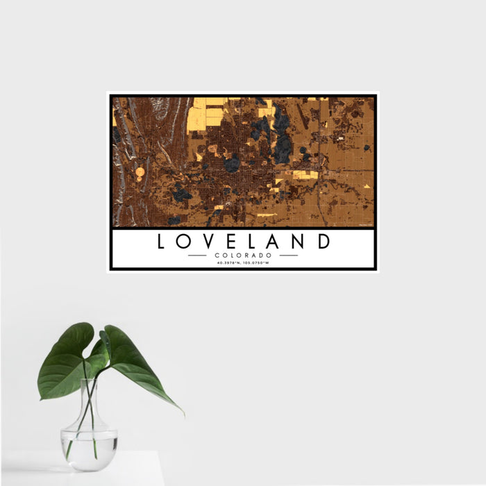16x24 Loveland Colorado Map Print Landscape Orientation in Ember Style With Tropical Plant Leaves in Water