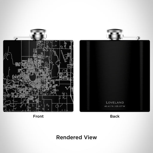 Rendered View of Loveland Colorado Map Engraving on 6oz Stainless Steel Flask in Black