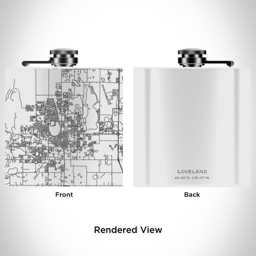 Rendered View of Loveland Colorado Map Engraving on 6oz Stainless Steel Flask in White