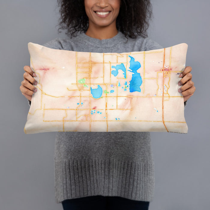 Person holding 20x12 Custom Loveland Colorado Map Throw Pillow in Watercolor