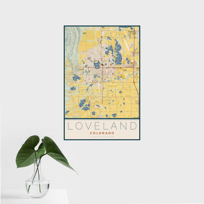 16x24 Loveland Colorado Map Print Portrait Orientation in Woodblock Style With Tropical Plant Leaves in Water