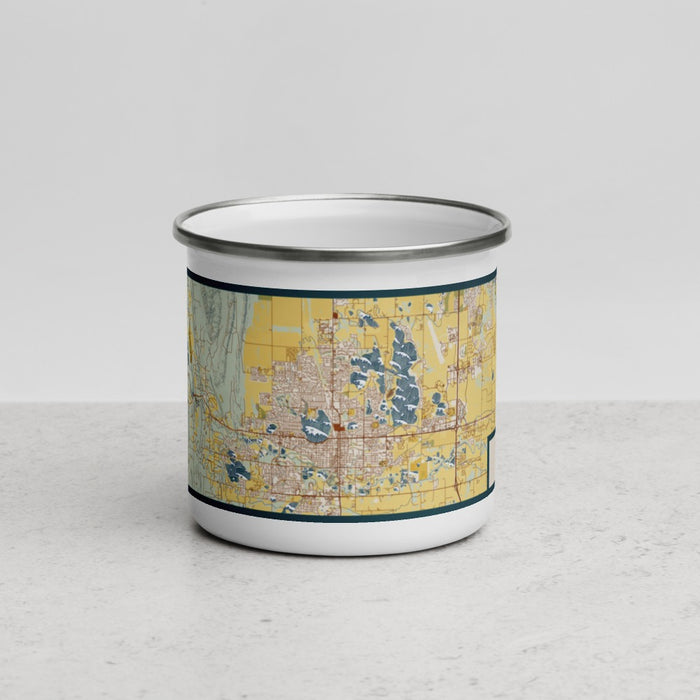 Front View Custom Loveland Colorado Map Enamel Mug in Woodblock