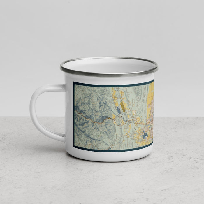 Left View Custom Loveland Colorado Map Enamel Mug in Woodblock