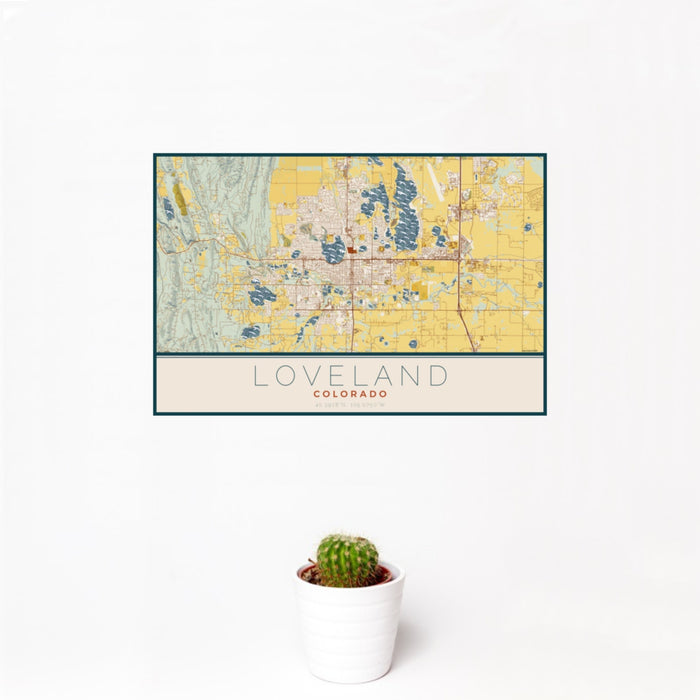 12x18 Loveland Colorado Map Print Landscape Orientation in Woodblock Style With Small Cactus Plant in White Planter