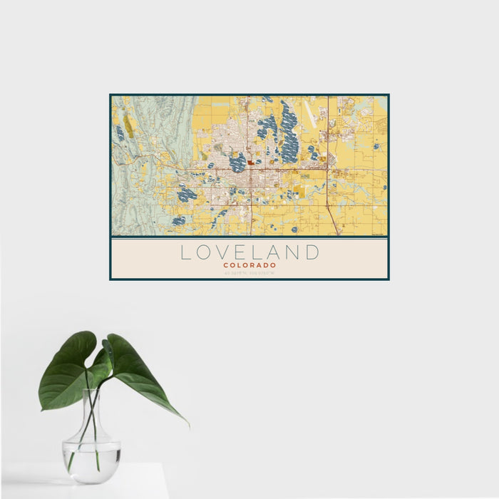 16x24 Loveland Colorado Map Print Landscape Orientation in Woodblock Style With Tropical Plant Leaves in Water