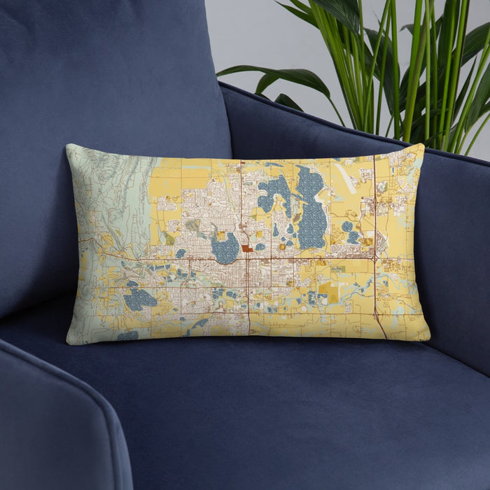 Custom Loveland Colorado Map Throw Pillow in Woodblock on Blue Colored Chair