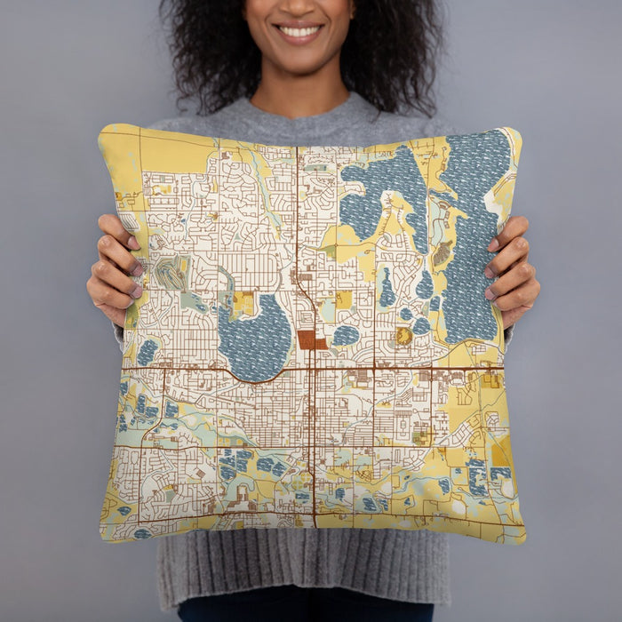 Person holding 18x18 Custom Loveland Colorado Map Throw Pillow in Woodblock