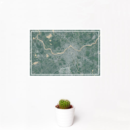 12x18 Lowell Massachusetts Map Print Landscape Orientation in Afternoon Style With Small Cactus Plant in White Planter