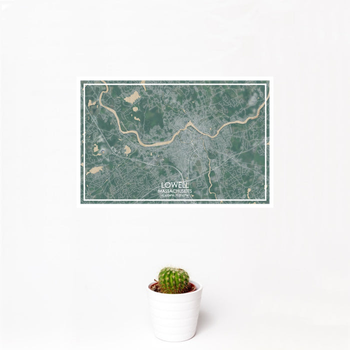 12x18 Lowell Massachusetts Map Print Landscape Orientation in Afternoon Style With Small Cactus Plant in White Planter