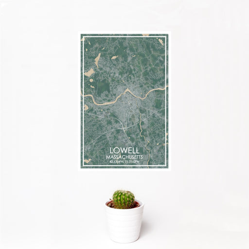 12x18 Lowell Massachusetts Map Print Portrait Orientation in Afternoon Style With Small Cactus Plant in White Planter