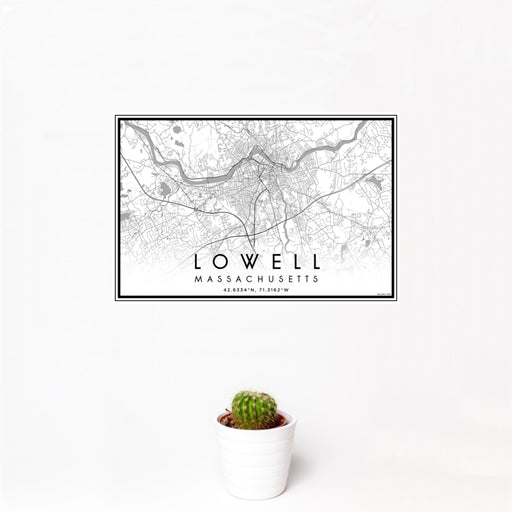 12x18 Lowell Massachusetts Map Print Landscape Orientation in Classic Style With Small Cactus Plant in White Planter