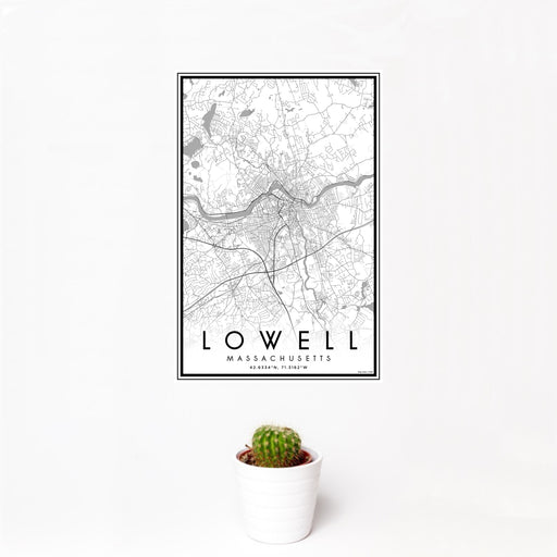 12x18 Lowell Massachusetts Map Print Portrait Orientation in Classic Style With Small Cactus Plant in White Planter