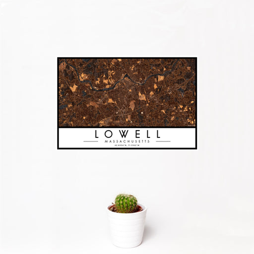 12x18 Lowell Massachusetts Map Print Landscape Orientation in Ember Style With Small Cactus Plant in White Planter