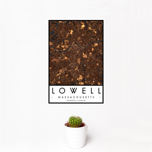 12x18 Lowell Massachusetts Map Print Portrait Orientation in Ember Style With Small Cactus Plant in White Planter