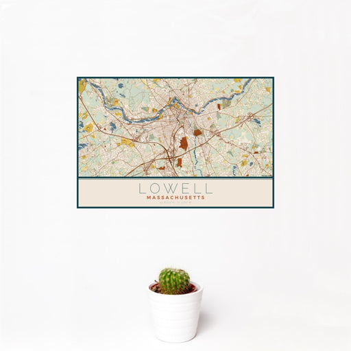 12x18 Lowell Massachusetts Map Print Landscape Orientation in Woodblock Style With Small Cactus Plant in White Planter