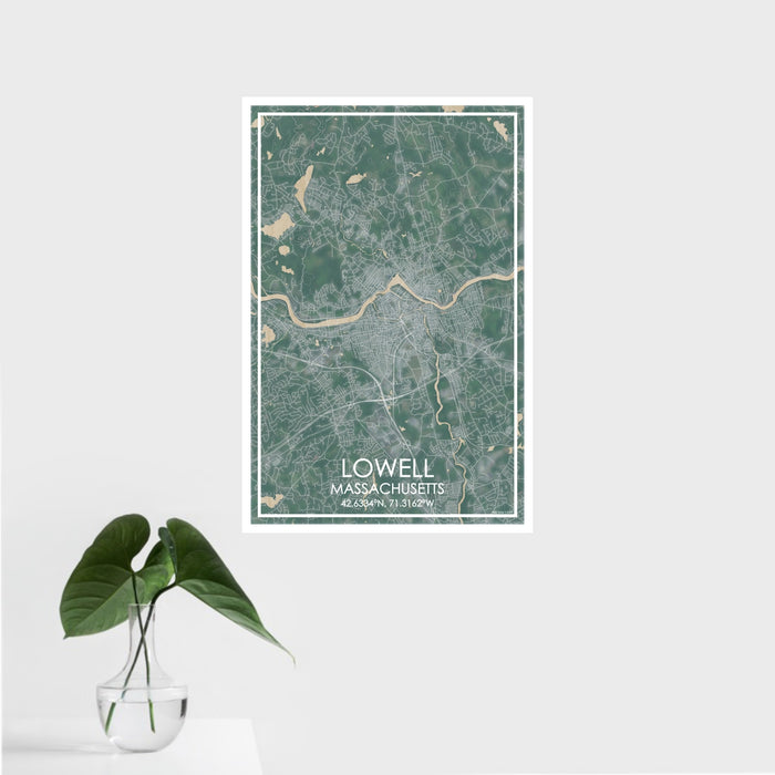 16x24 Lowell Massachusetts Map Print Portrait Orientation in Afternoon Style With Tropical Plant Leaves in Water