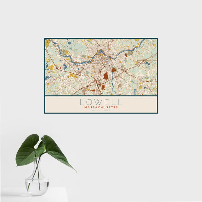 16x24 Lowell Massachusetts Map Print Landscape Orientation in Woodblock Style With Tropical Plant Leaves in Water