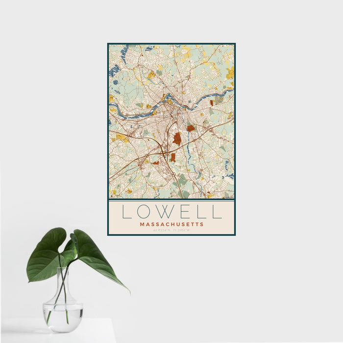 16x24 Lowell Massachusetts Map Print Portrait Orientation in Woodblock Style With Tropical Plant Leaves in Water