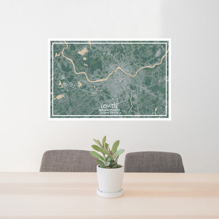 24x36 Lowell Massachusetts Map Print Lanscape Orientation in Afternoon Style Behind 2 Chairs Table and Potted Plant